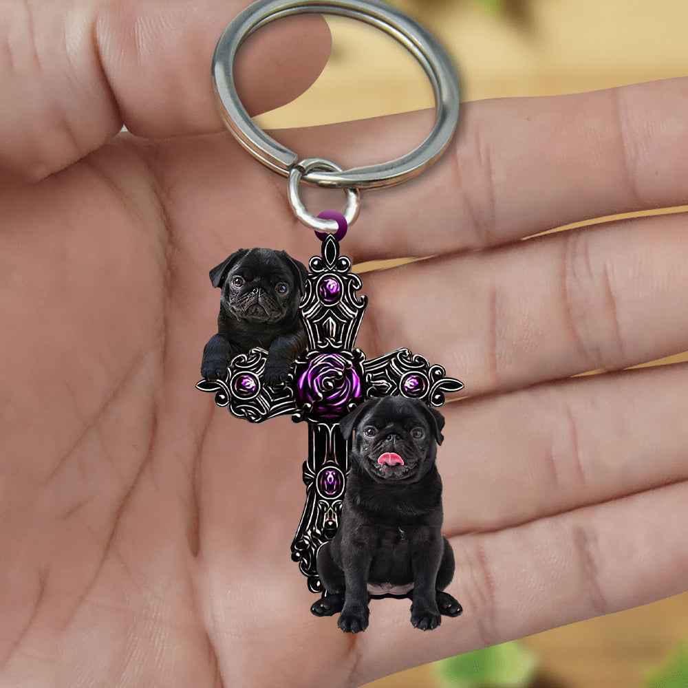 Black Pug Pray For God Acrylic Keychain