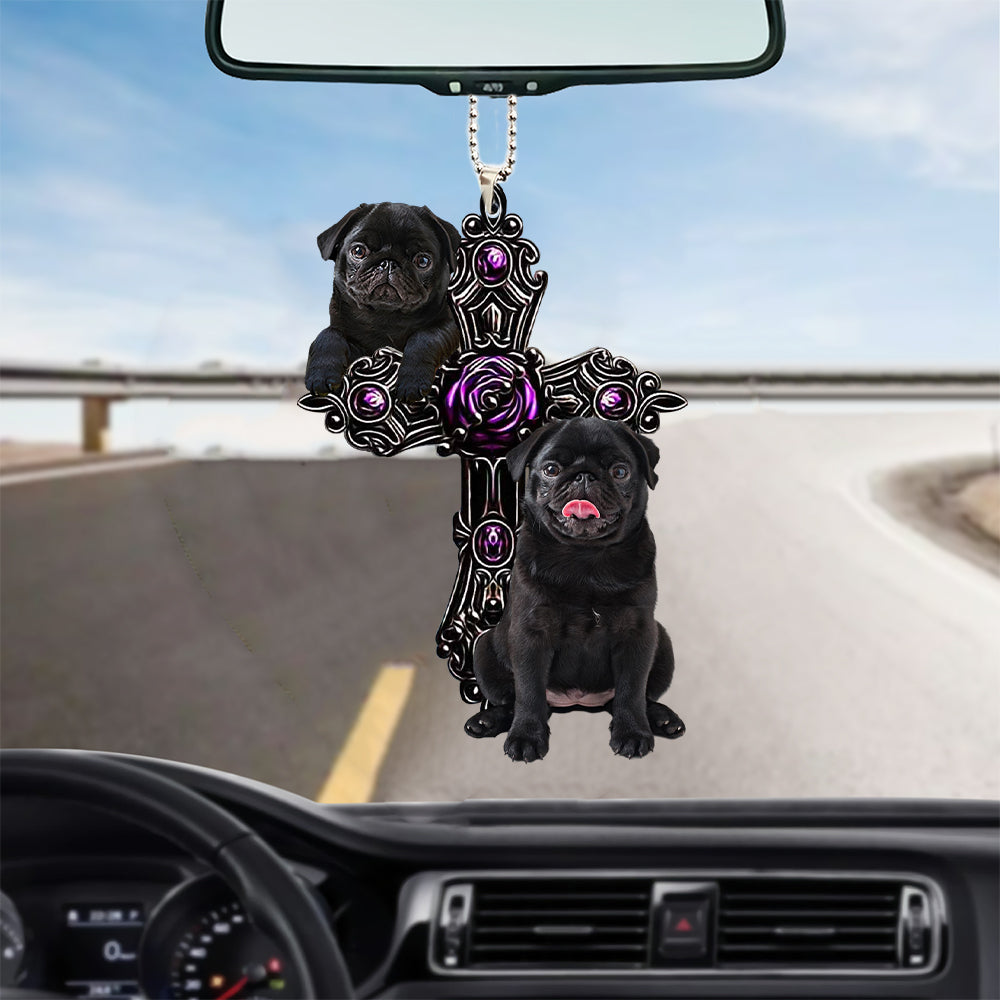 Black Pug Pray For God Car Hanging Ornament