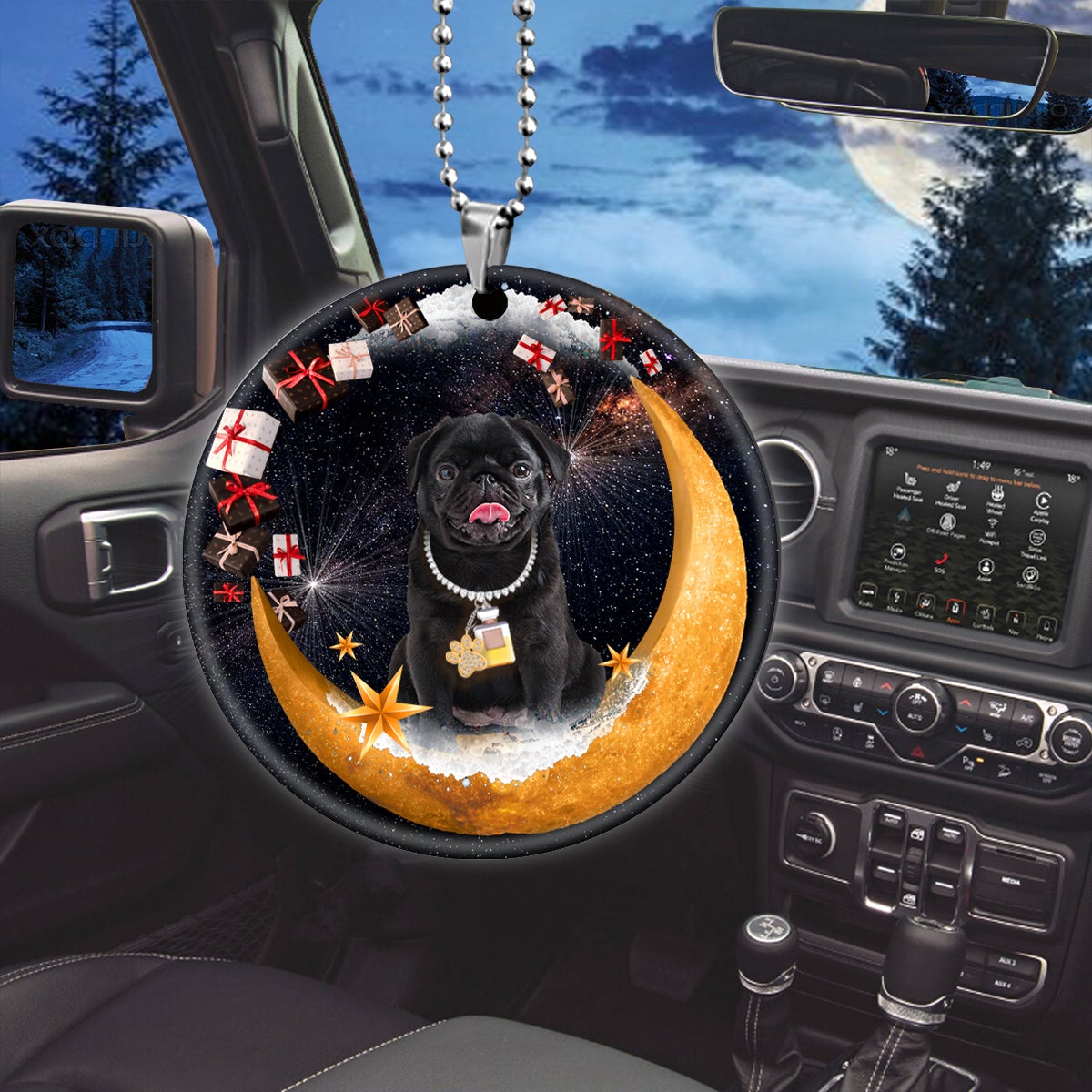 Black Pug Fashion Moon Car Hanging Ceramic Ornament