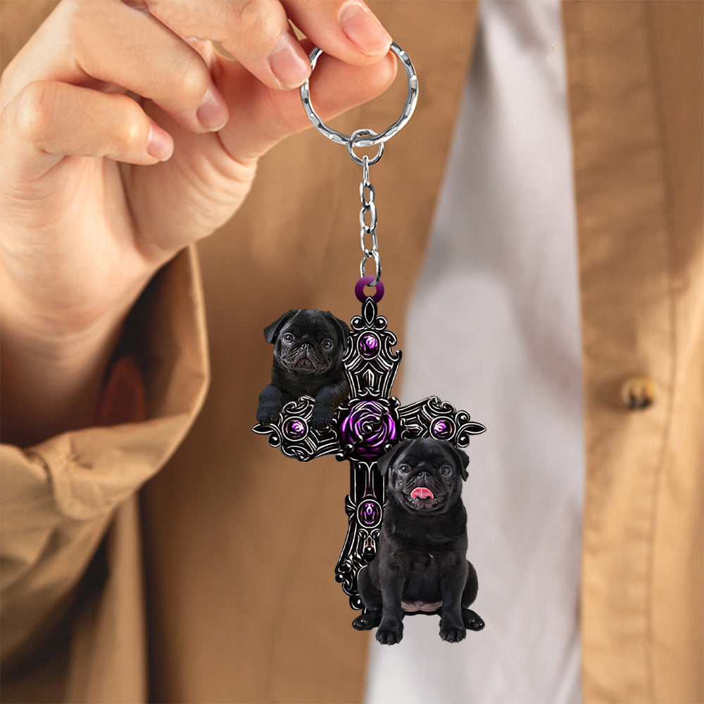Black Pug Pray For God Acrylic Keychain