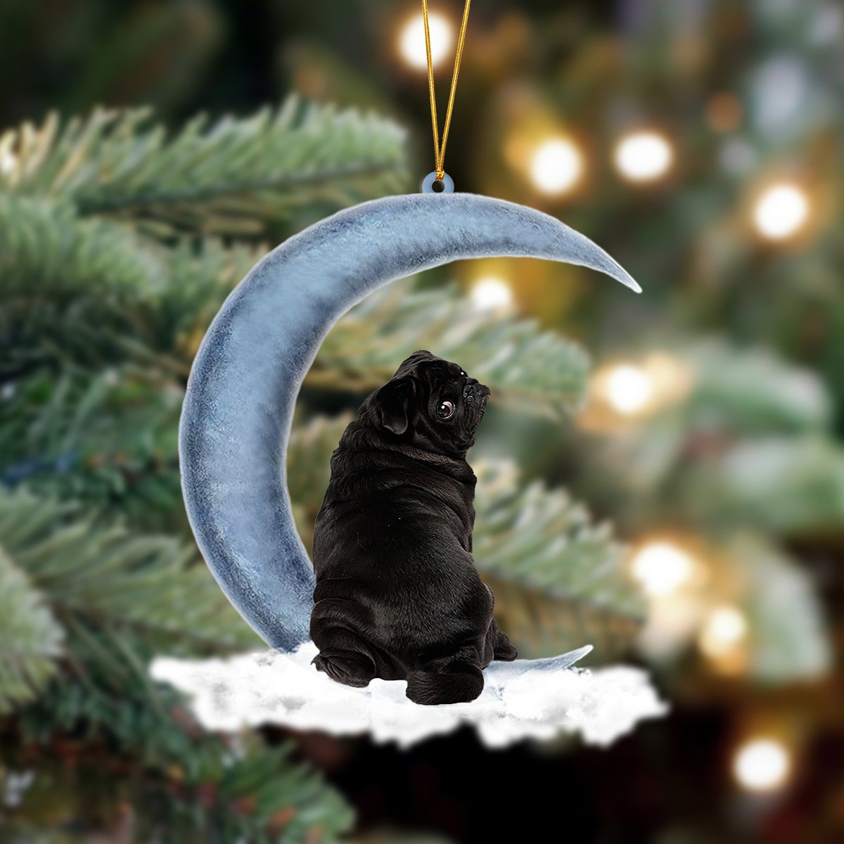 Black Pug Sits On The Moon Hanging Ornament