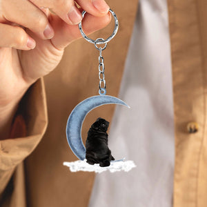 Black Pug Dog On The Moon Flat Acrylic Keychain
