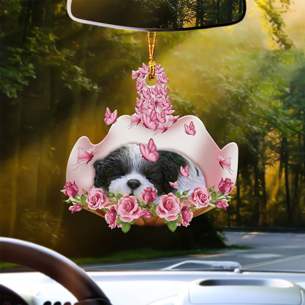 Black White Shih Tzu Sleeping In Rose Garden Car Hanging Ornament