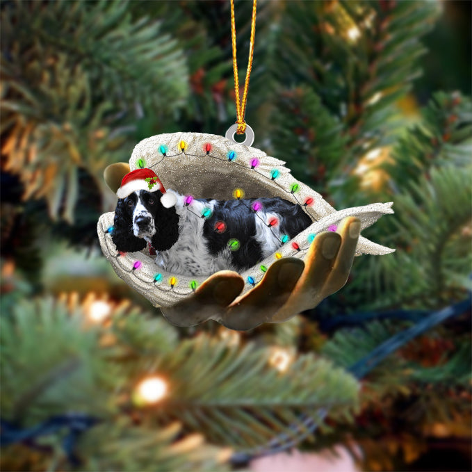 Black and white English springer Sleeping Angel In God Hand Christmas Ornament