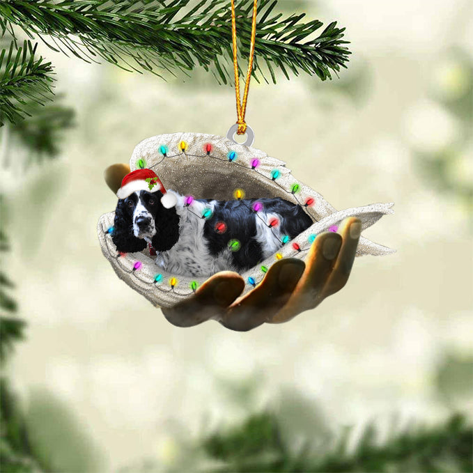 Black and white English springer Sleeping Angel In God Hand Christmas Ornament