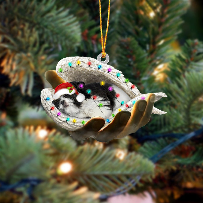 Black and white shih tzu Sleeping Angel In God Hand Christmas Ornament