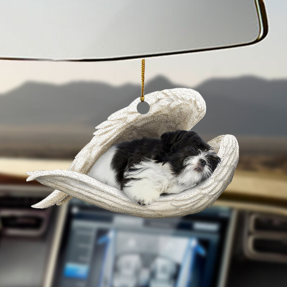Black and white shih tzu Sleeping Angel Car Hanging Ornament