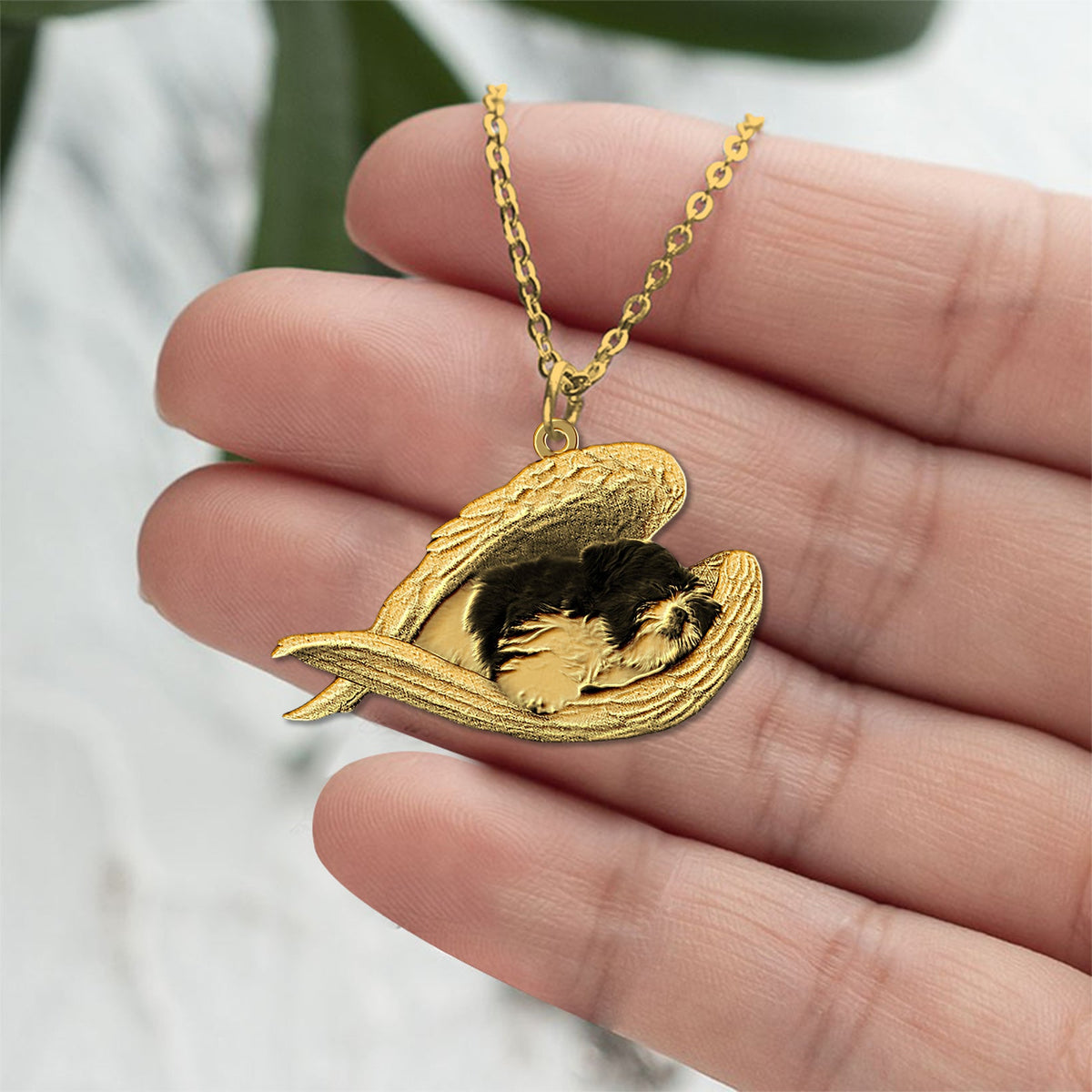 Black and white shih tzu Sleeping Angel Necklace