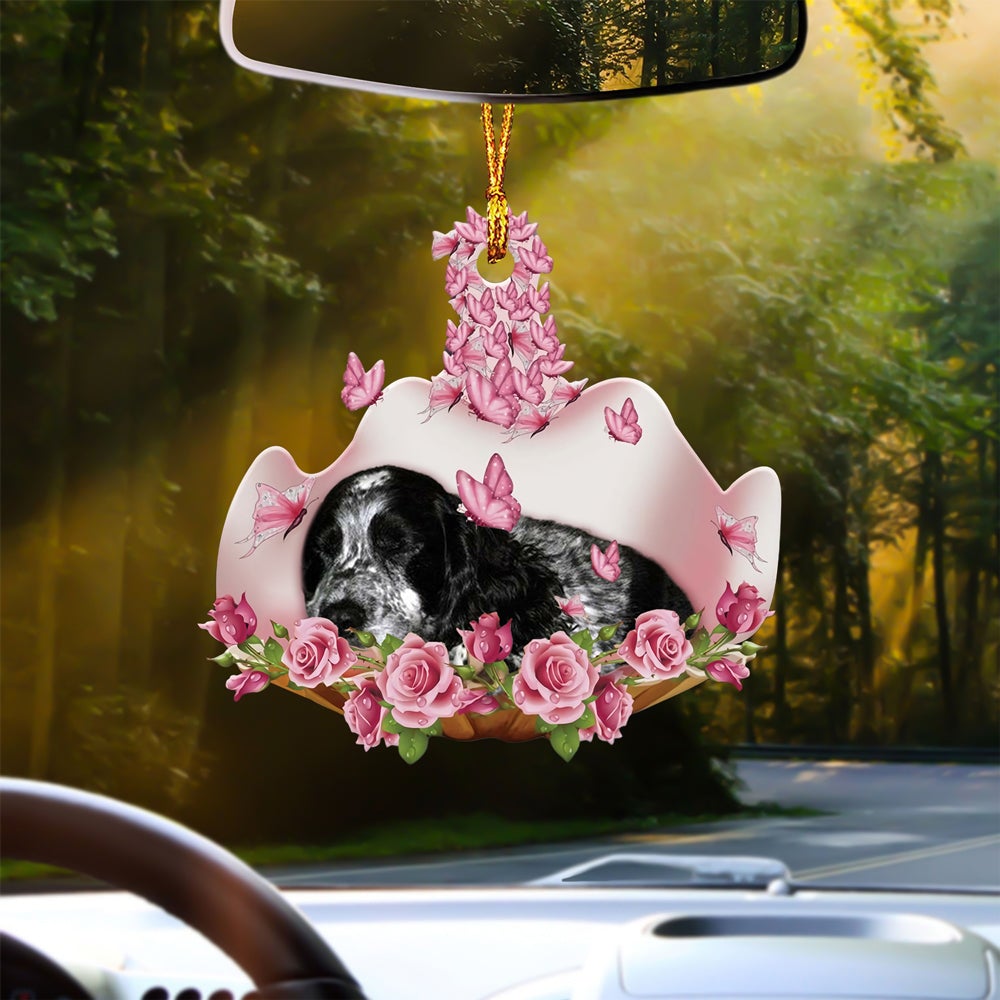 Blue Roan Cocker Spaniel Sleeping In Rose Garden Car Hanging Ornament