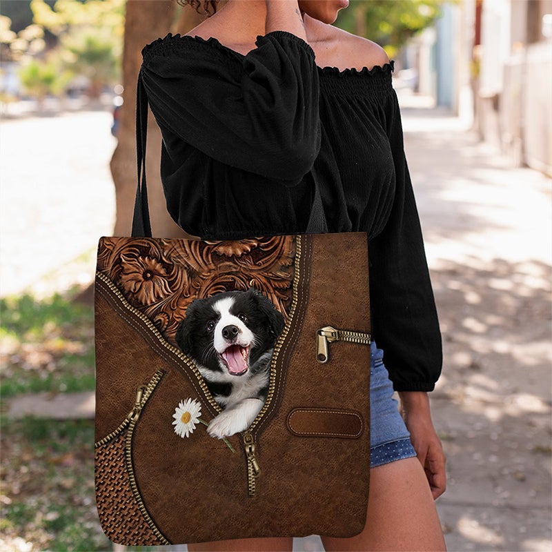 Border Collie Holding Daisy Tote Bag