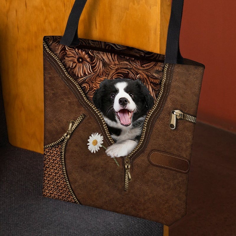 Border Collie Holding Daisy Tote Bag