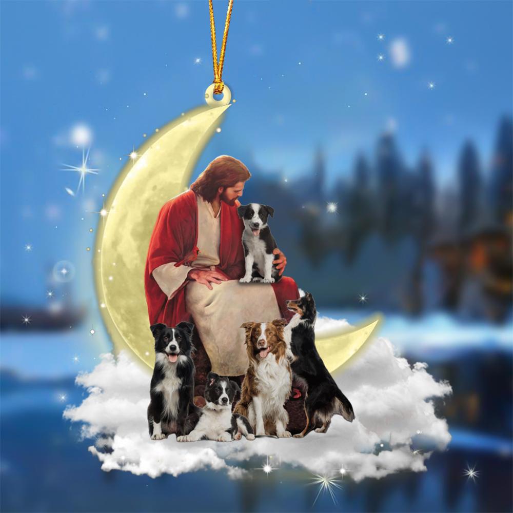 God Surrounded By Border Collies On The Moon Hanging Ornament