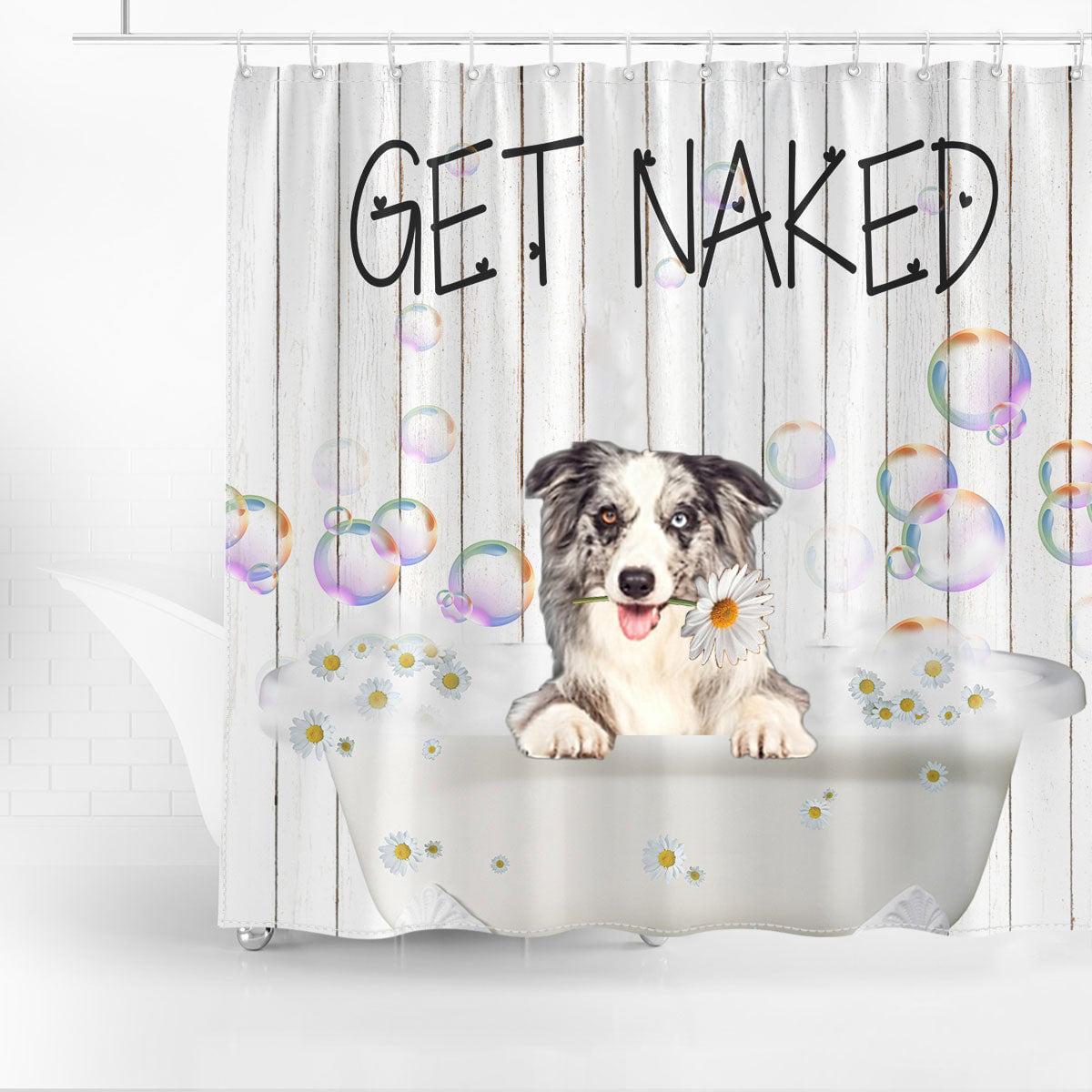Border Collie Get Naked Daisy Shower Curtain
