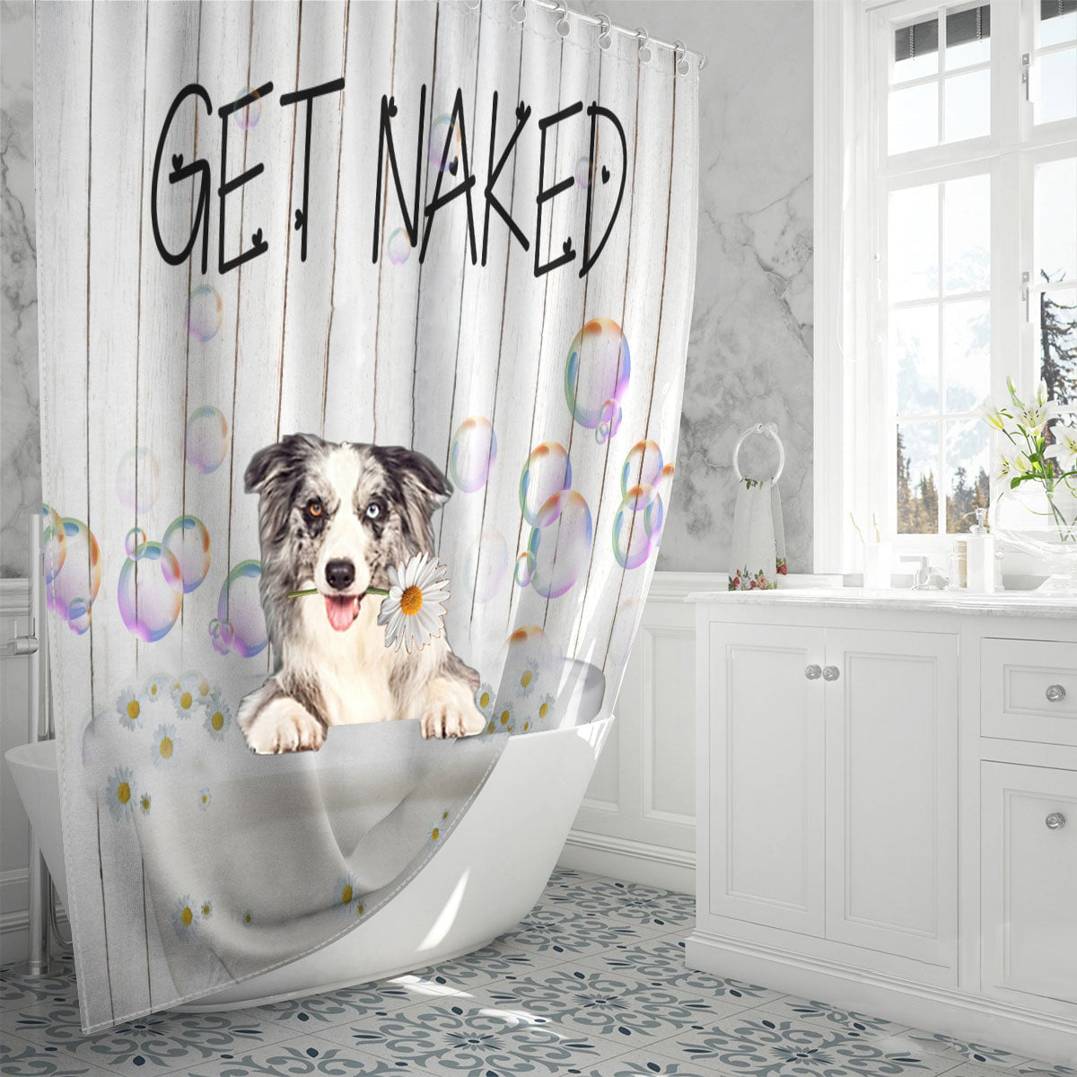 Border Collie Get Naked Daisy Shower Curtain