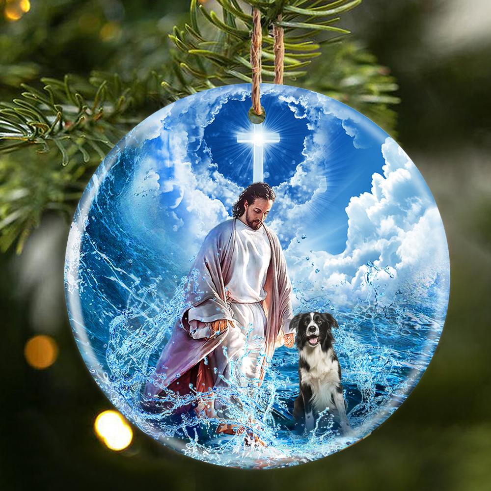 Border Collie And God Walking On The Ocean Wave Porcelain/Ceramic Ornament