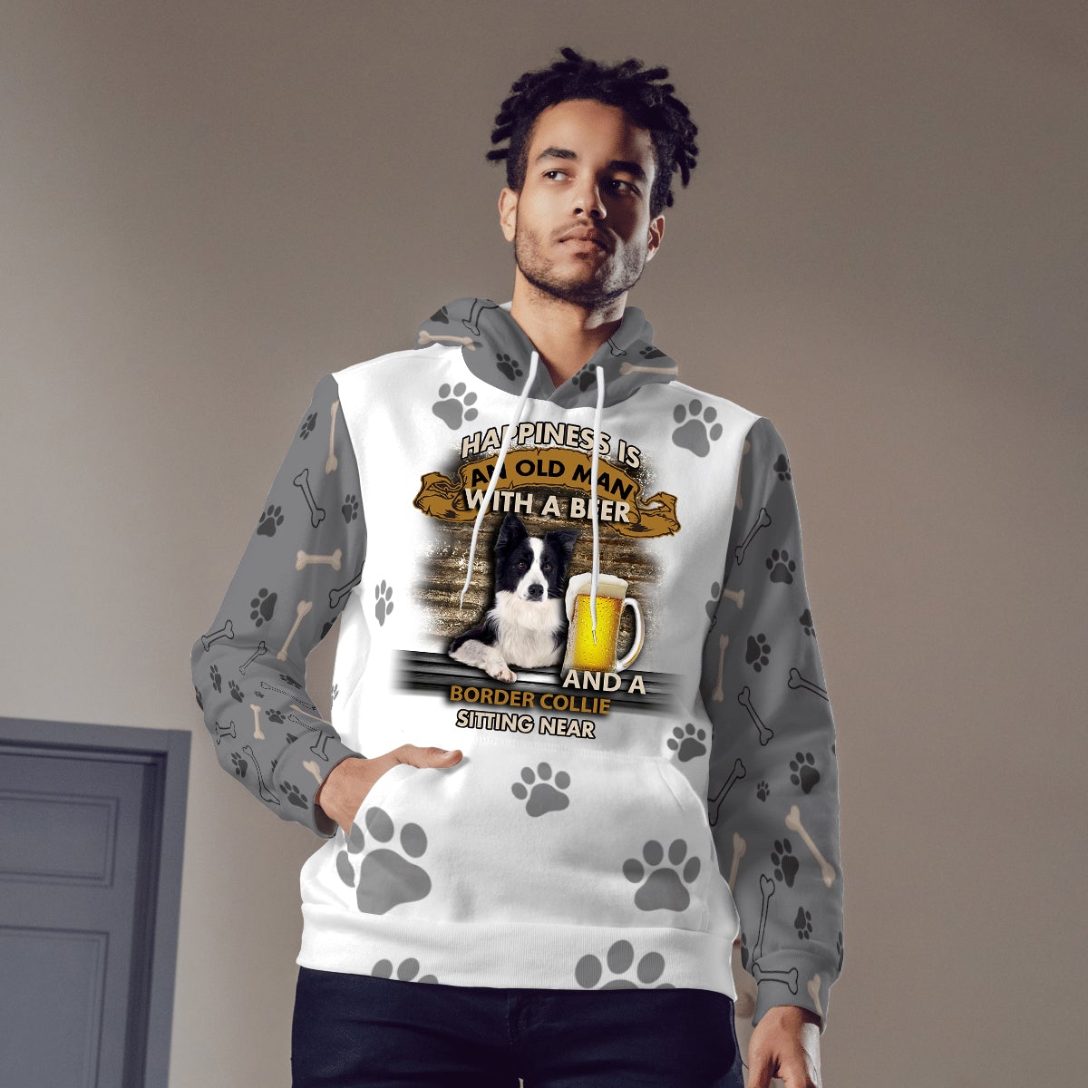 Happiness Is An Old Man With A Beer And A Border Collie Hoodie