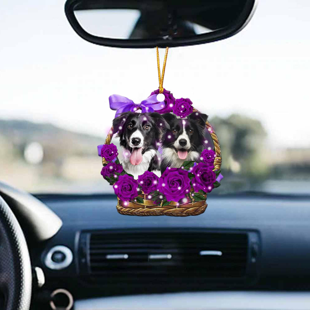 Border Collie Purple Rose Wicker Basket Car Hanging Ornament