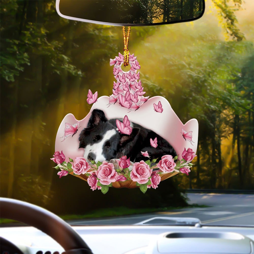 Border Collie Sleeping In Rose Garden Car Hanging Ornament