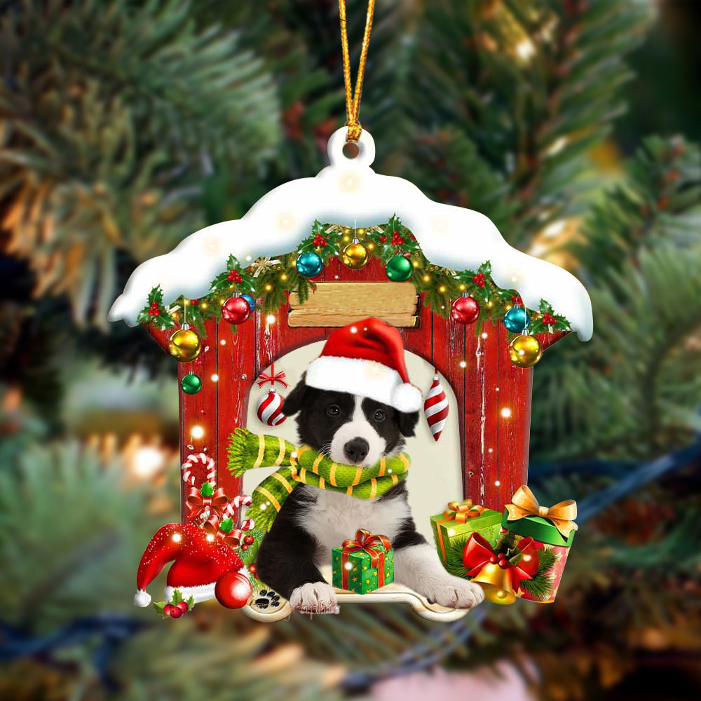 Border Collie In Red Wood House Christmas Ornament