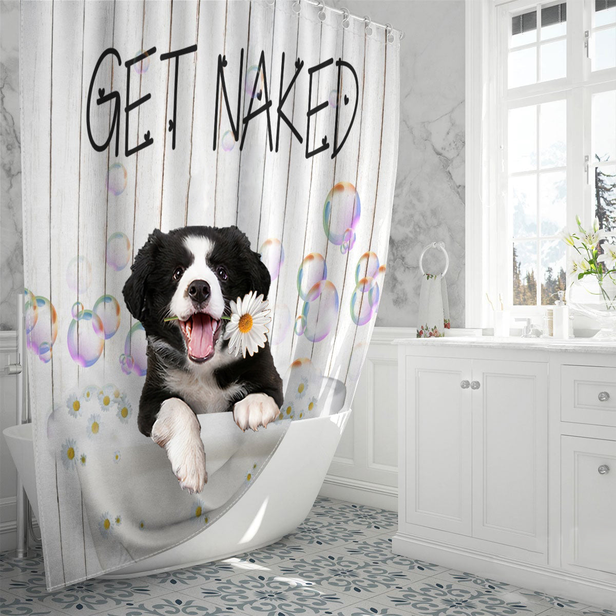 Border Collies Get Naked Daisy Shower Curtain