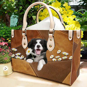 Border Collie Holding Daisy Leather Bag