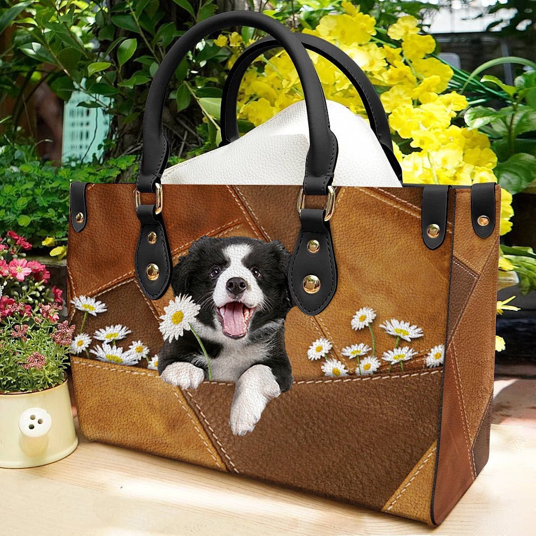 Border Collie Holding Daisy Leather Bag