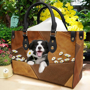 Border Collie Holding Daisy Leather Bag