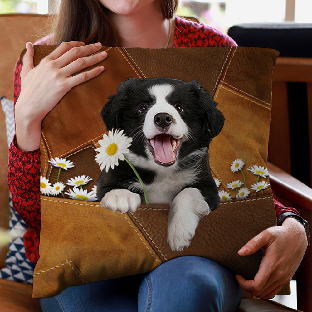 Border Collie Holding Daisy Pillow Case