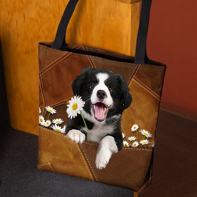 Border Collies Holding Daisy  All Over Printed Tote Bag