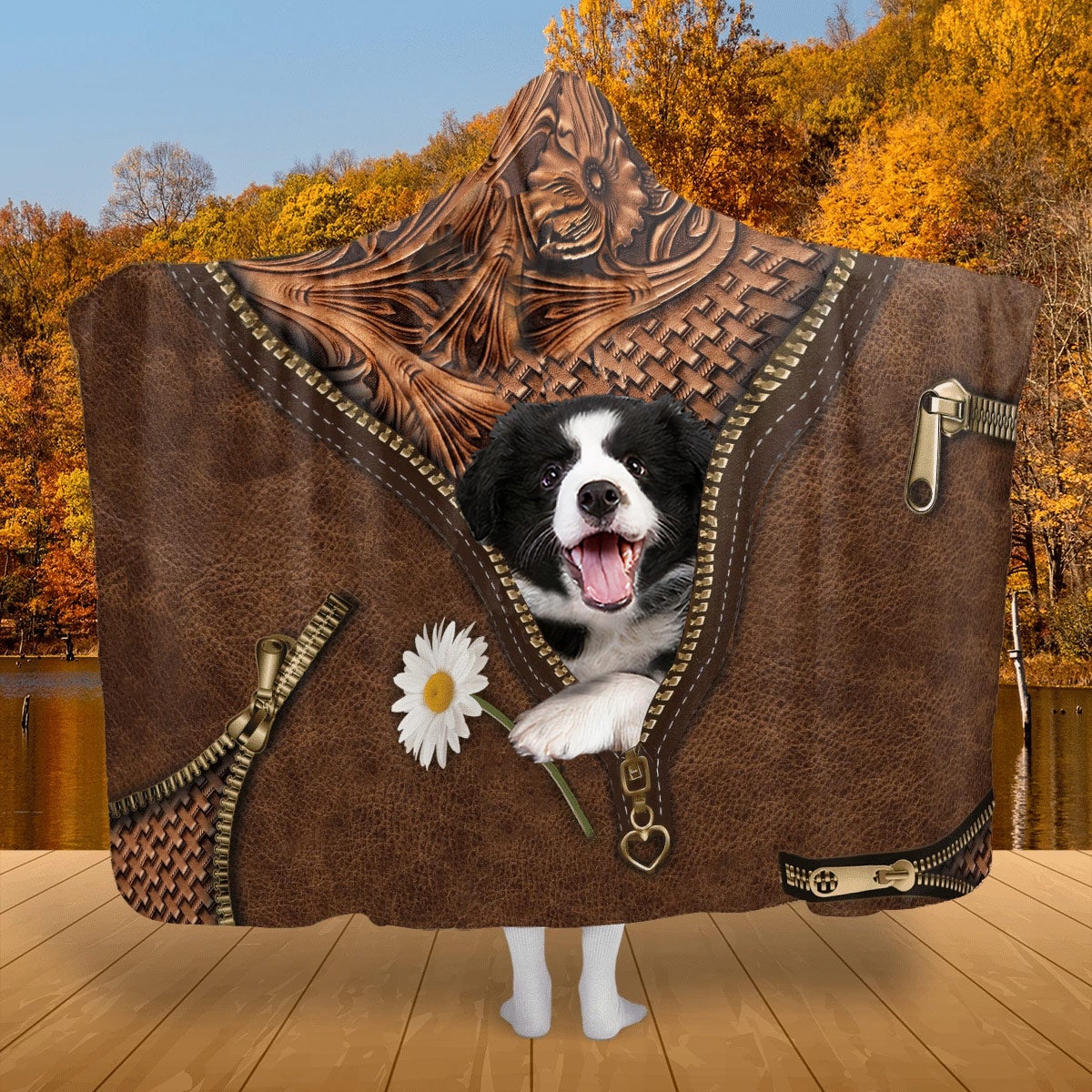 Border Collie Holding Daisy Hooded Blanket