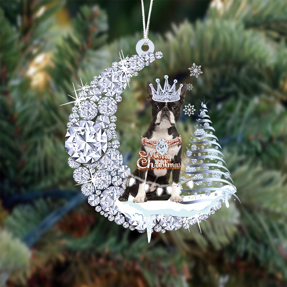 Boston Terrier Diamond Moon Merry Christmas Ornament