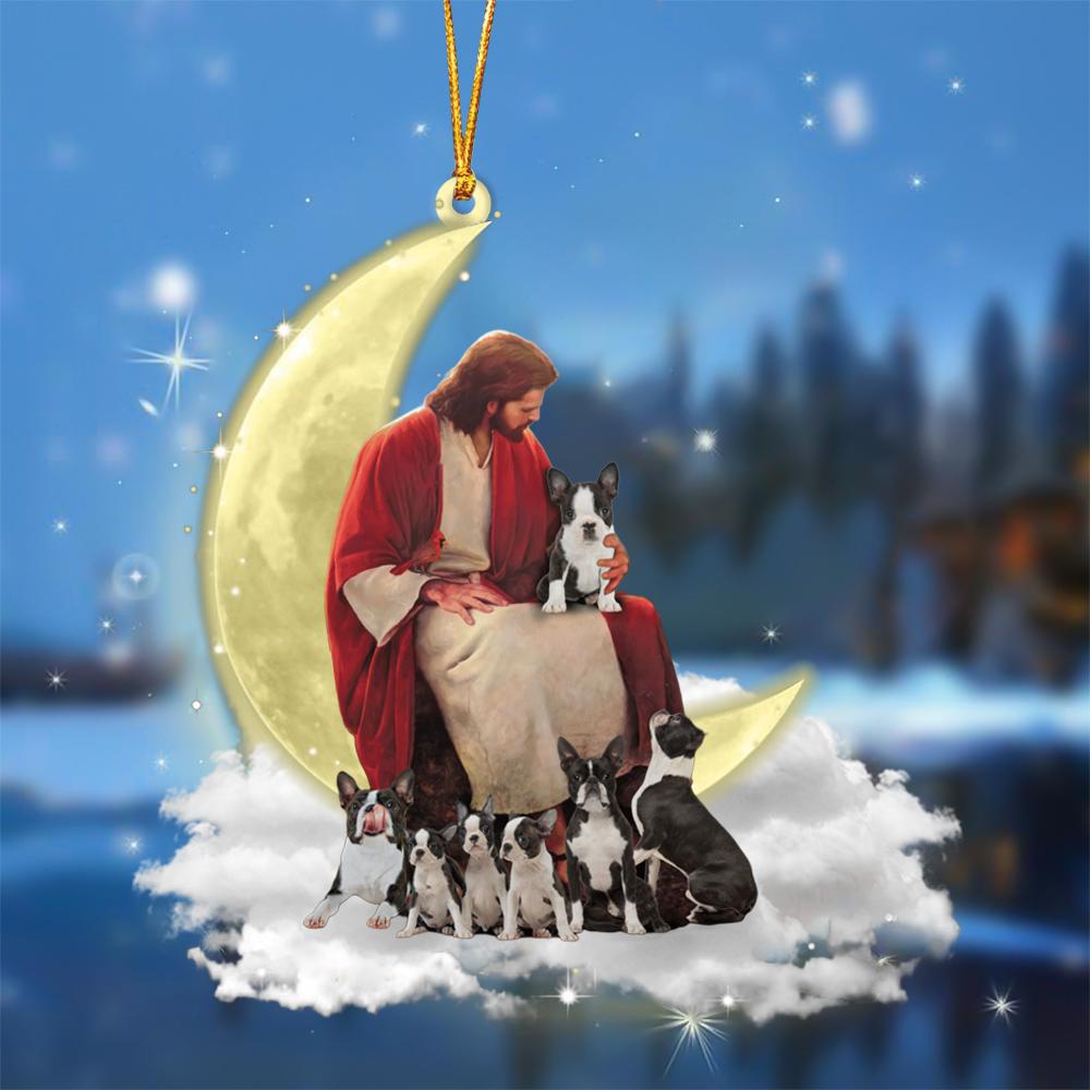 God Surrounded By Boston Terriers On The Moon Hanging Ornament