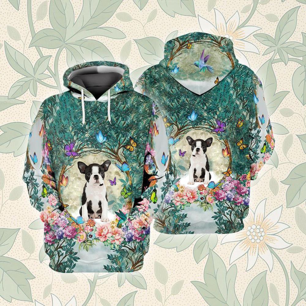 Boston Puppy Among Forest Unisex Hoodie