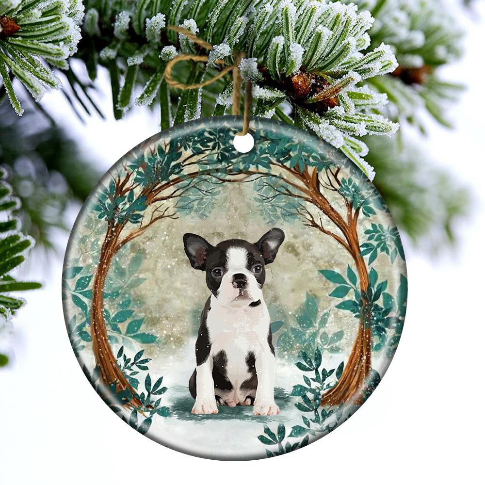 Boston Puppy Among Forest Porcelain/Ceramic Ornament