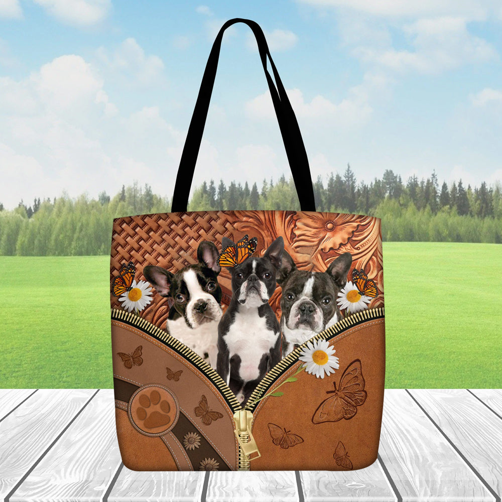 Boston Terrier Daisy Flower And Butterfly Tote Bag