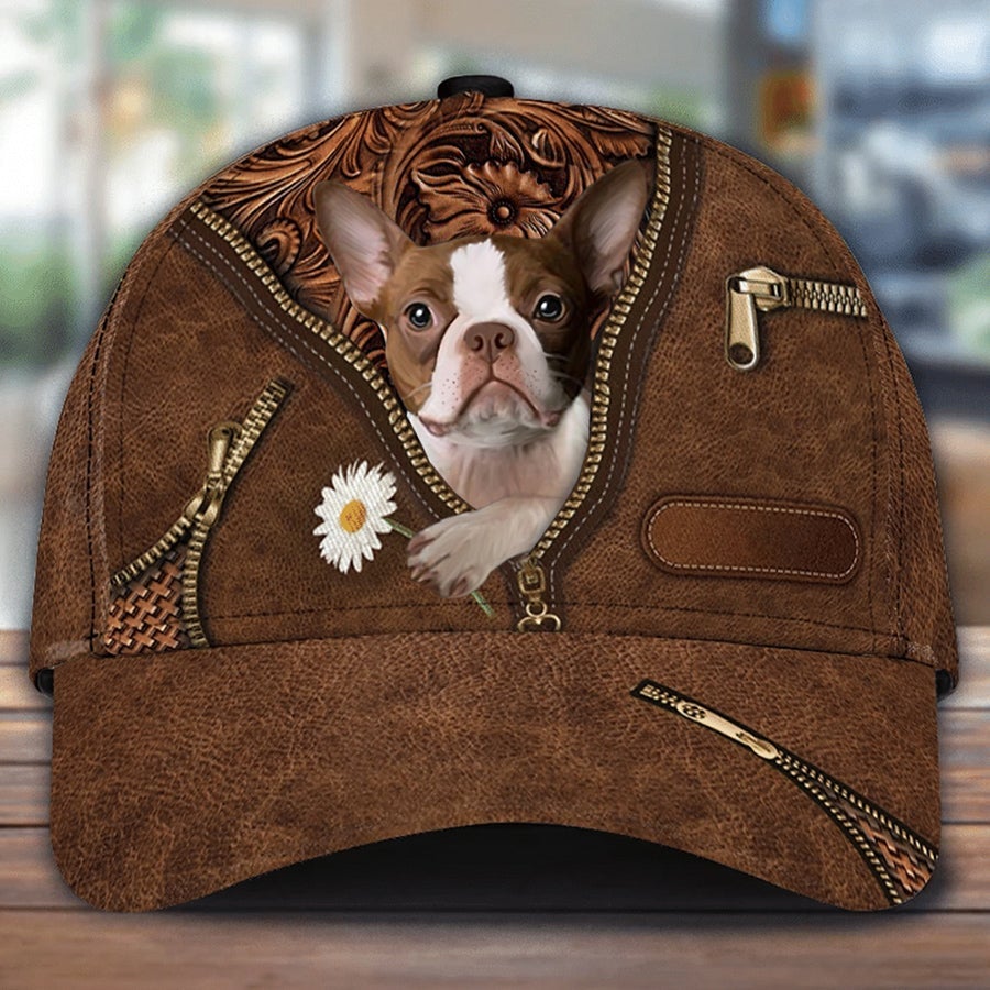 Boston Terrier Holding Daisy Unisex Cap