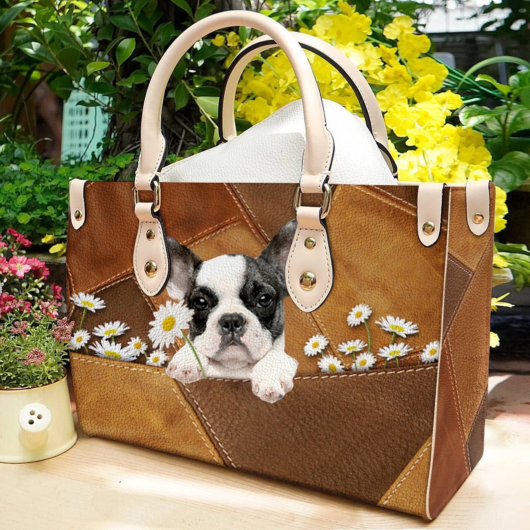 Boston Terrier 2 Holding Daisy Leather Bag