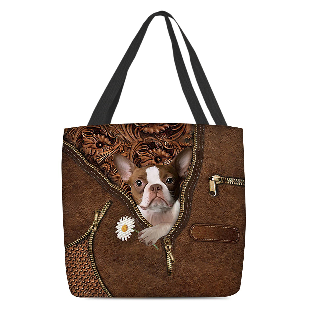 Boston Terrier Holding Daisy Tote Bag