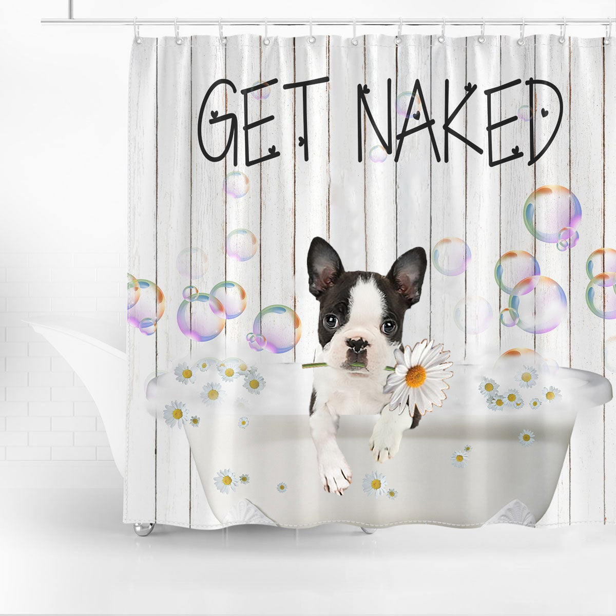 Boston Terrier2 Get Naked Daisy Shower Curtain