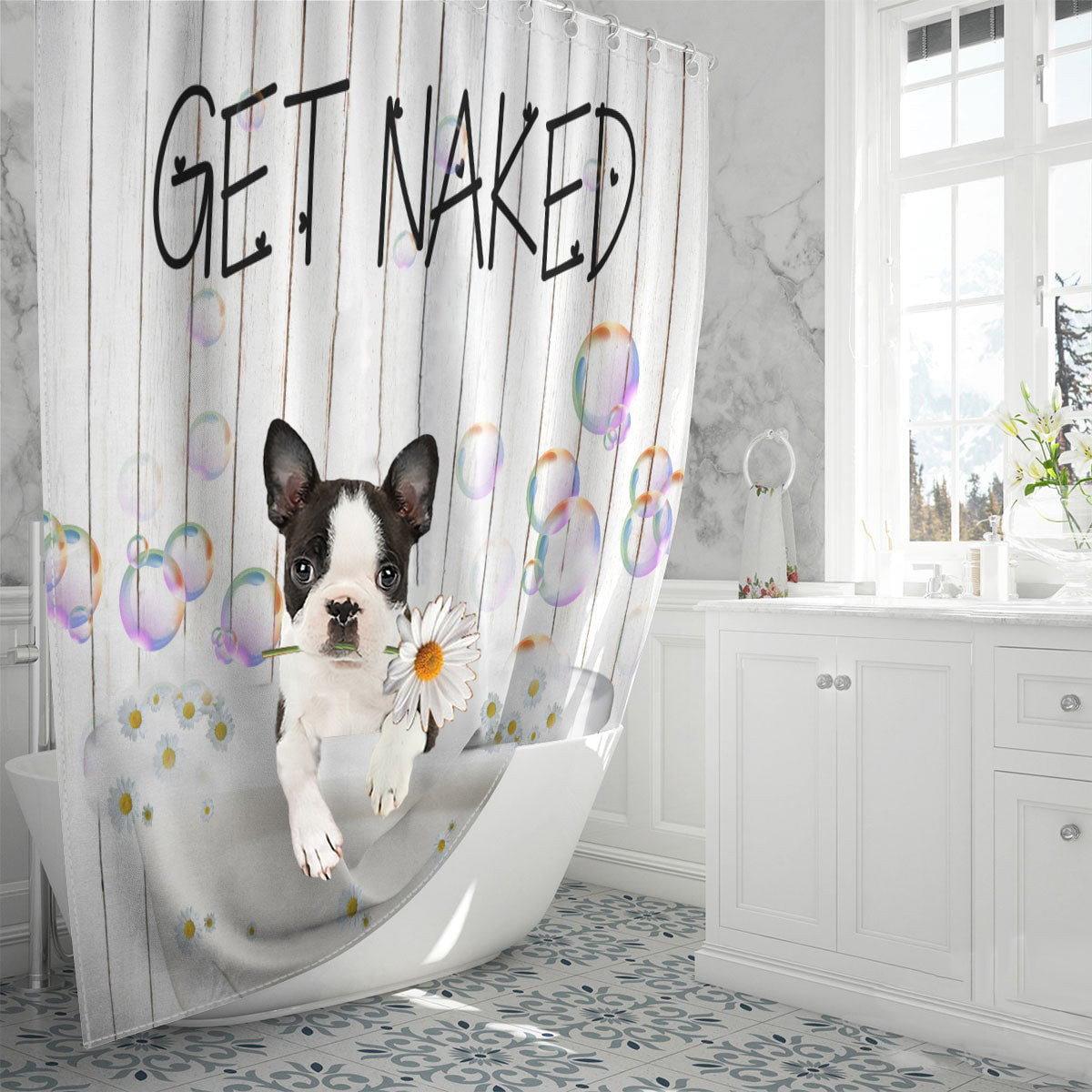 Boston Terrier2 Get Naked Daisy Shower Curtain