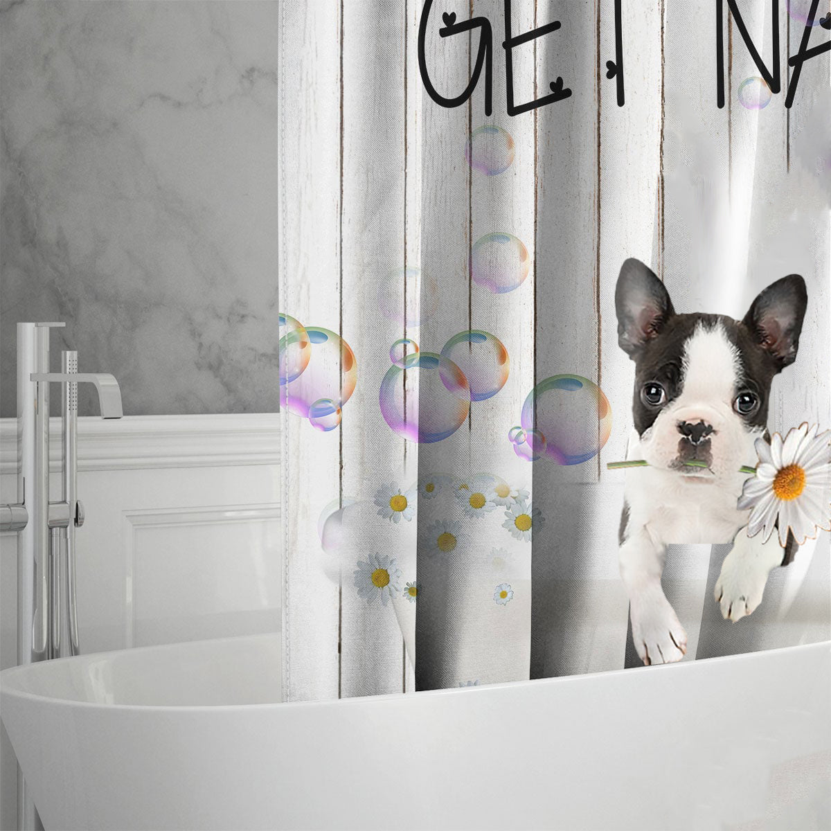 Boston Terrier2 Get Naked Daisy Shower Curtain