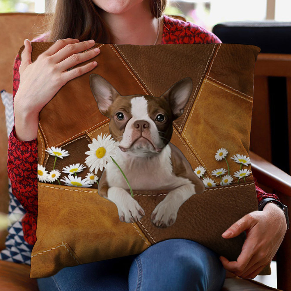 Boston Terrier 2 Holding Daisy Pillow Case