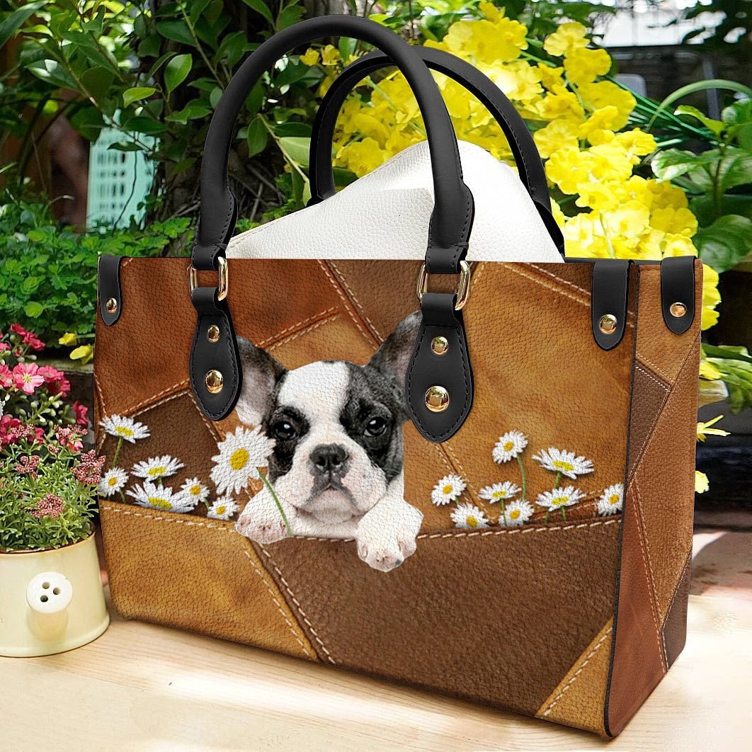 Boston Terrier 2 Holding Daisy Leather Bag