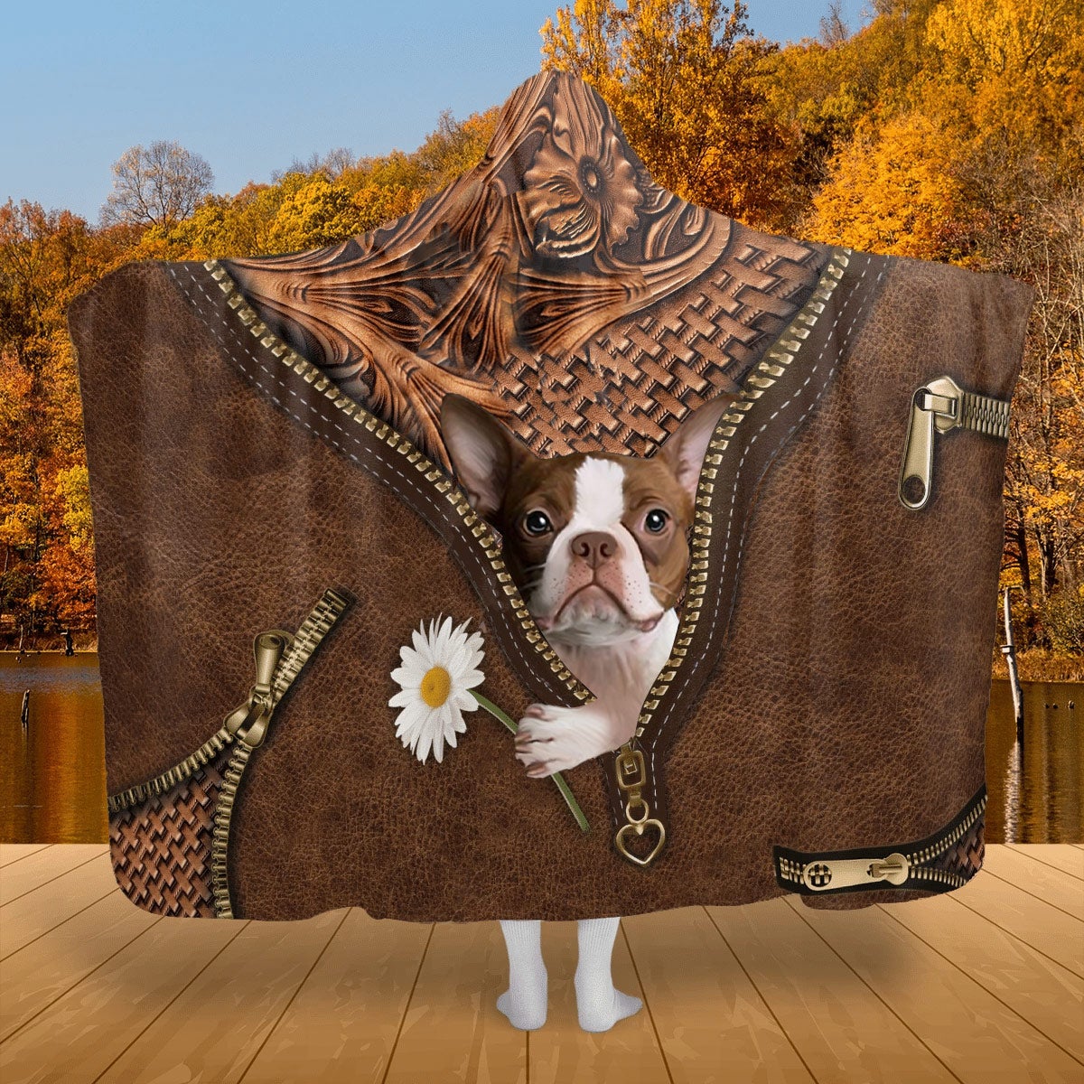 Boston Terrier 2 Holding Daisy Hooded Blanket