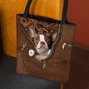 Boston Terrier Holding Daisy Tote Bag