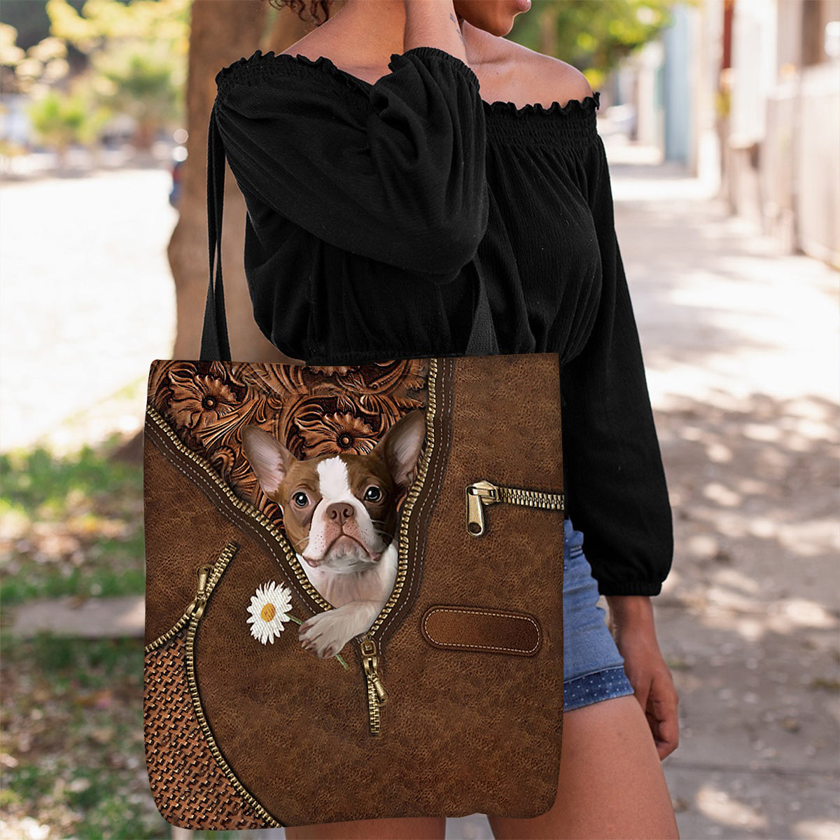 Boston Terrier Holding Daisy Tote Bag