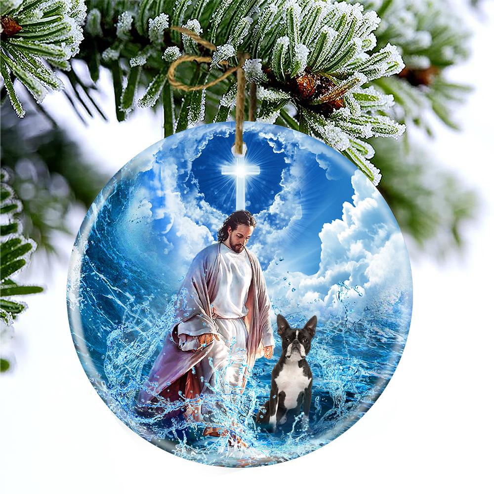 Boston Terrier And God Walking On The Ocean Wave Porcelain/Ceramic Ornament