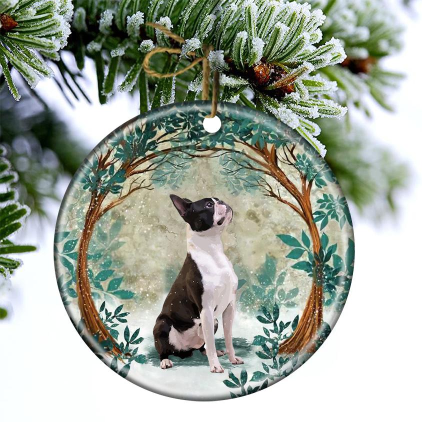 Boston Terrier Among Forest Porcelain/Ceramic Ornament