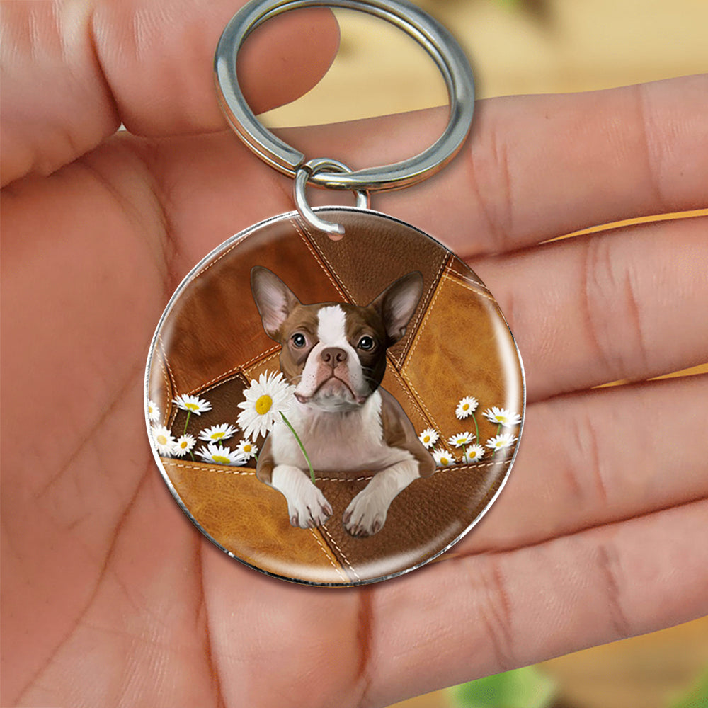 Boston Terrier Mountain Holding Daisy-Round Resin Epoxy Metal Keychain