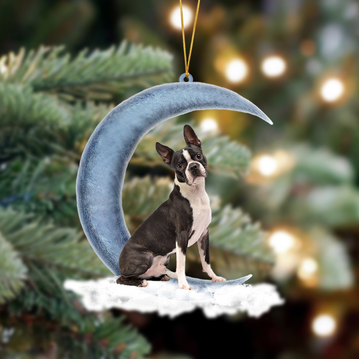 Boston Terrier Sits On The Moon Hanging Ornament